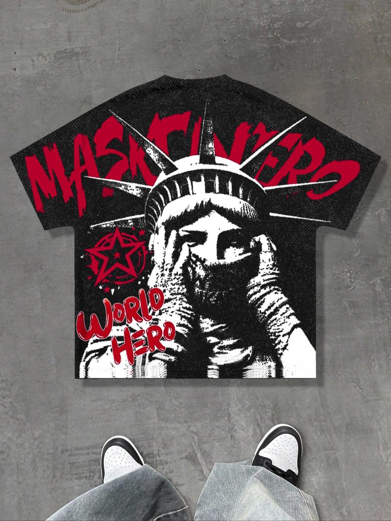 Punk Statue of Liberty T-shirt, men's loose fit, hip-hop style, unisex dress up cool top, front and back printed portrait short sleeved shirt, European and American street fashion brand shirt, short sleeved men's Instagram style