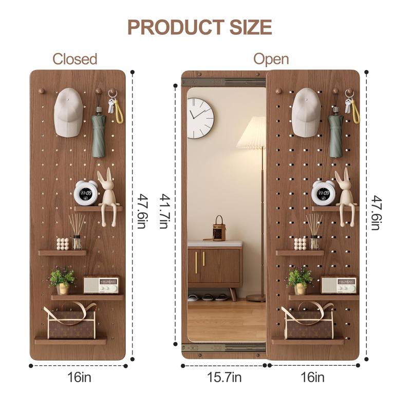 【School】Pegboard Mirror, 100% Solid Wood - No MDF, Mirror with Shelf & Hooks, Rustic Wall-Mounted Mirror with Multifunctional Panel for Bedroom, Living Room, Entryway