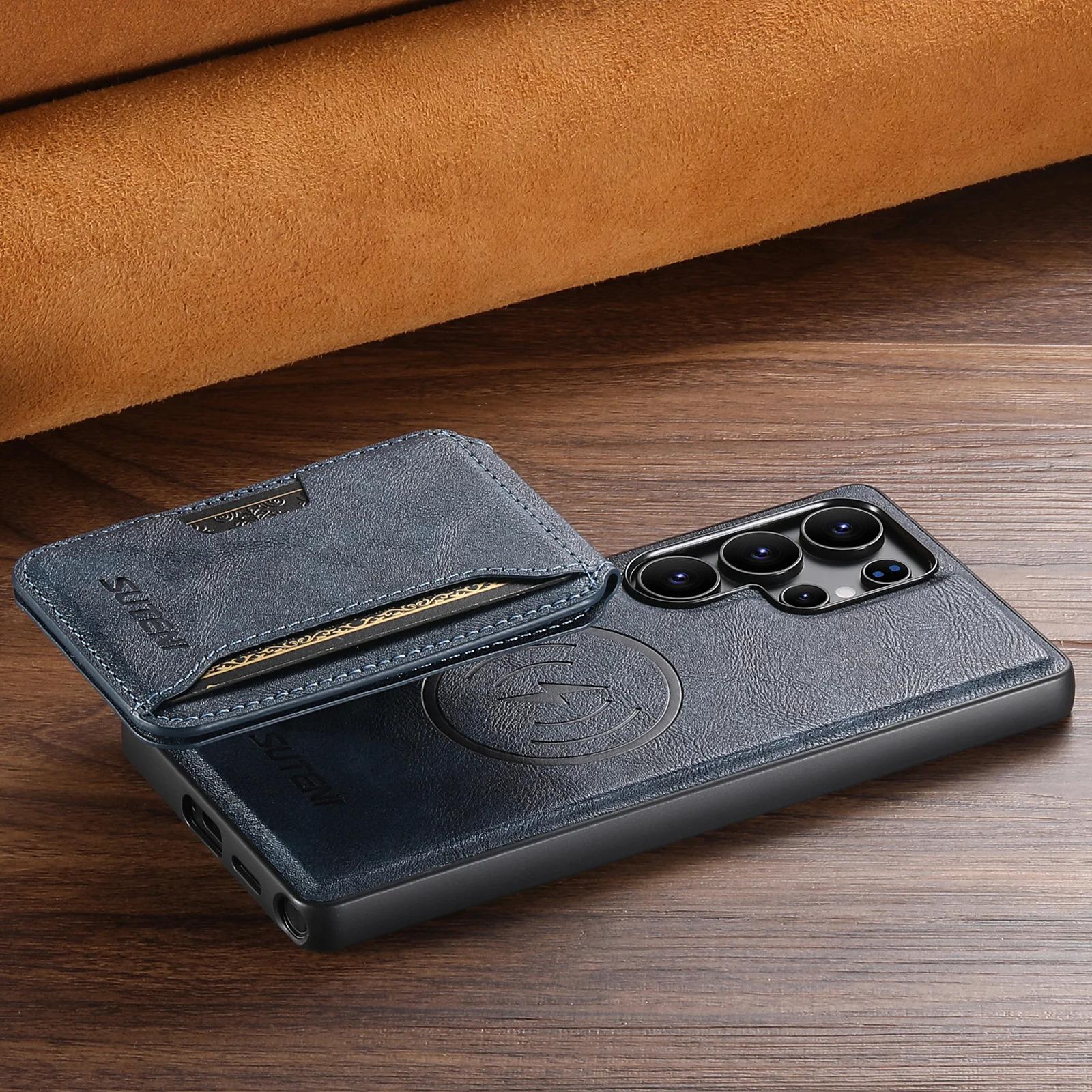 Magnet Wireless Charging Luxury Faux Leather Phone Case Card Holder Stand For Samsung Galaxy S26 Ultra S25 S24 S23 S22