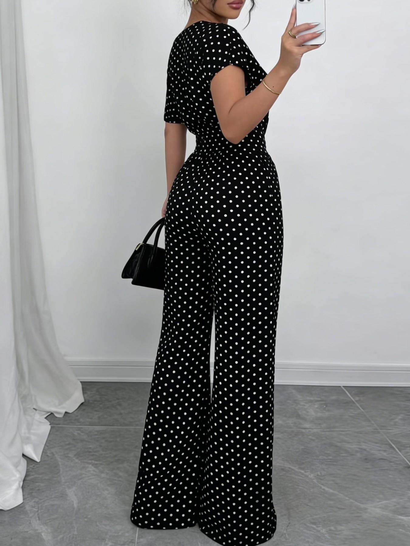 Women's Polka Dot Jumpsuit, Asymmetric One Shoulder, Short Sleeves, Waist Tie Belt, Wide Leg Full Length, Smooth Drapey Woven Fabric, Office Commute, Date Night & Party Wear, Breathable Non-Wrinkle Fabric, Elegant Retro Polka Dot Style