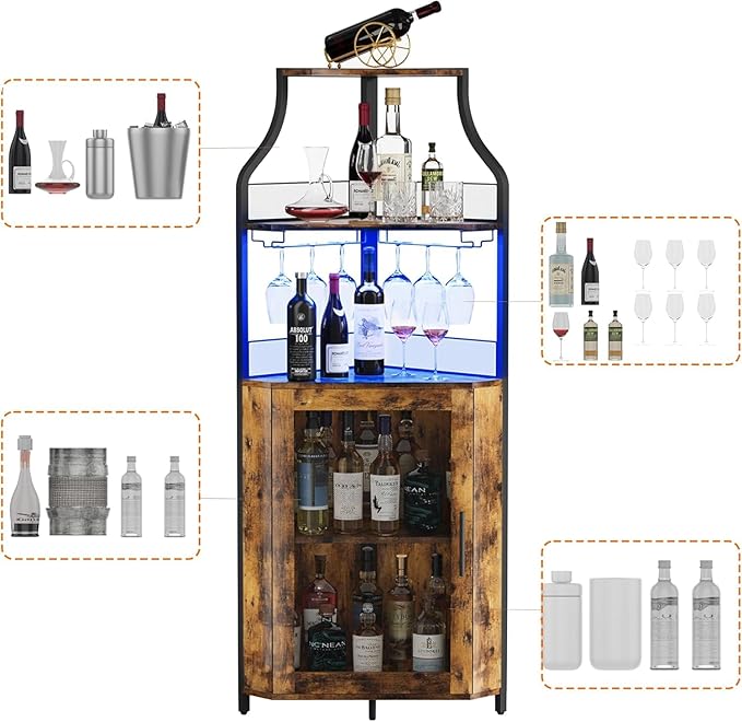 Corner Bar Cabinet with LED Lights, Wine Bar Cabinet with Adjustable Shelf and Glass Holder 5-Tiers Storage Space Corner Liquor Cabinet Industrial Liquor Cabinet for Small Space