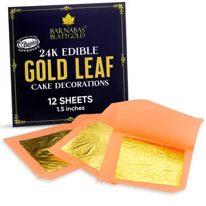 Barnabas Edible Gold Leaf 24K - Cake Decorations, Loose Gold Leaf Sheets for Cupcakes - 1.5 inches, Interleaf of 12