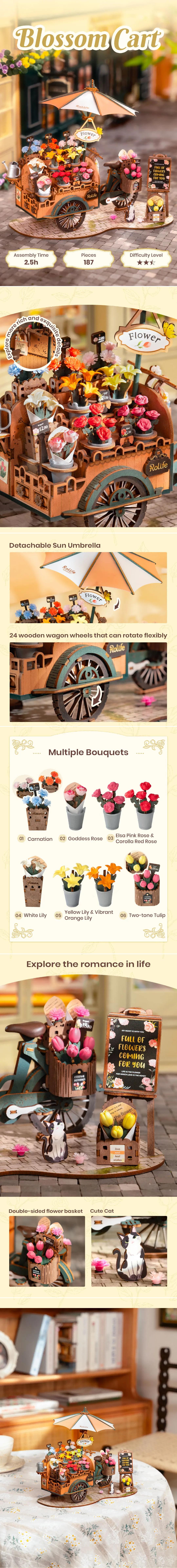 Rolife 3D Wooden Puzzle- Bloosom Cart TGS03 Rolife 3D Puzzles for Adults Wooden-Model Building Kit Flower Cart to Build-Crafts for Adults Collectibles Gifts for Boys Girls