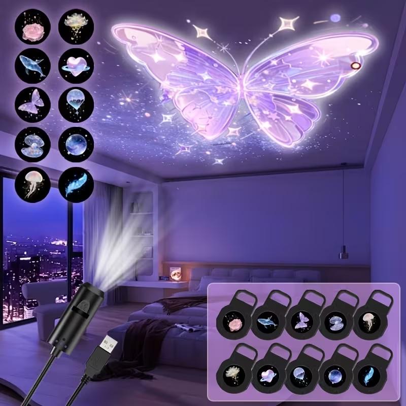 USB LED Projector Light, Aurora Projector Lamp with 3/6/10pcs Patterns, LED Dream Projector Lamp Rose, Whale, Butterfly, Cloud Projection - USB Projector Night Light for Wall/Ceiling Decoration, Bedside Night Light, Birthday Gift