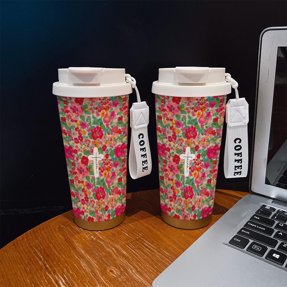 Abstract Cross Texture Coffee Cup, Portable Insulated Tumbler, Keeps Drinks Hot/cold, Boho Style, Ideal for Office, Travel, Sports