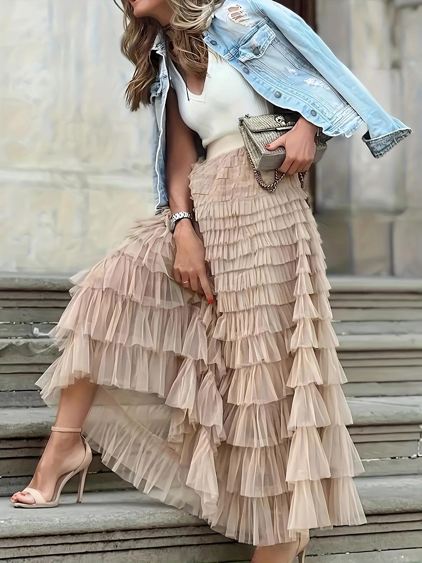 Women's Plain Ruffle Hem Tiered Layer Skirt, Elegant Aesthetic High Waist Long Skirt for Vacation Holiday Party, Ladies Bottoms for All Seasons, Long Skirt Women