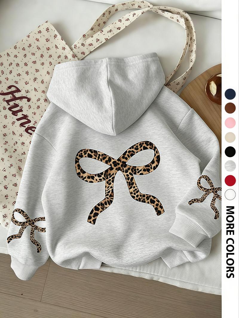 Women's Vintage Leopard Bow Design Hoodie, Casual Long Sleeve Sweatshirt, Fall & Winter Clothing, Daily Wear