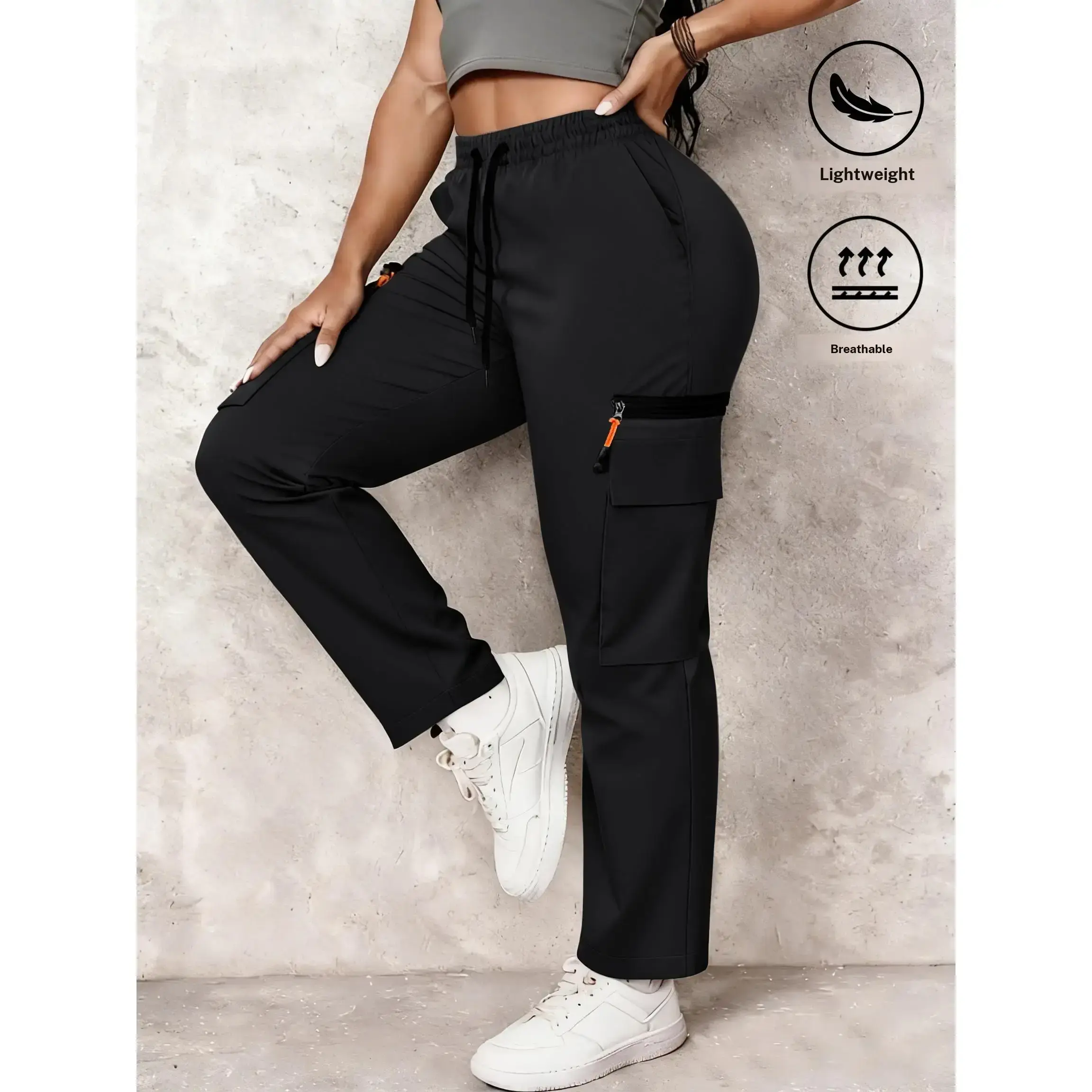 Women’s Thin Breathable Athletic Cargo Pants, Lightweight Workwear Trousers, Functional Large Pockets & Decorative Fake Zipper Pockets, Adjustable Drawstring Waist, Casual Bottoms for Running, Workouts, Daily Outfits in Spring Summer Fall