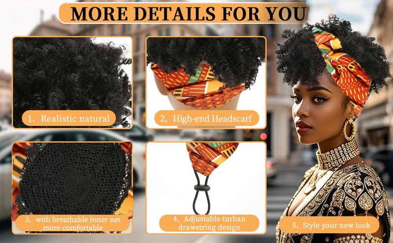 8inch Afro Headband Wig Kinky Curly Hair Wig with Bangs for Black Women Synthetic Turban Style Headband Wig Kinky Curly 2 in 1 Head Wrap With Headband Attached for Party Daily Use