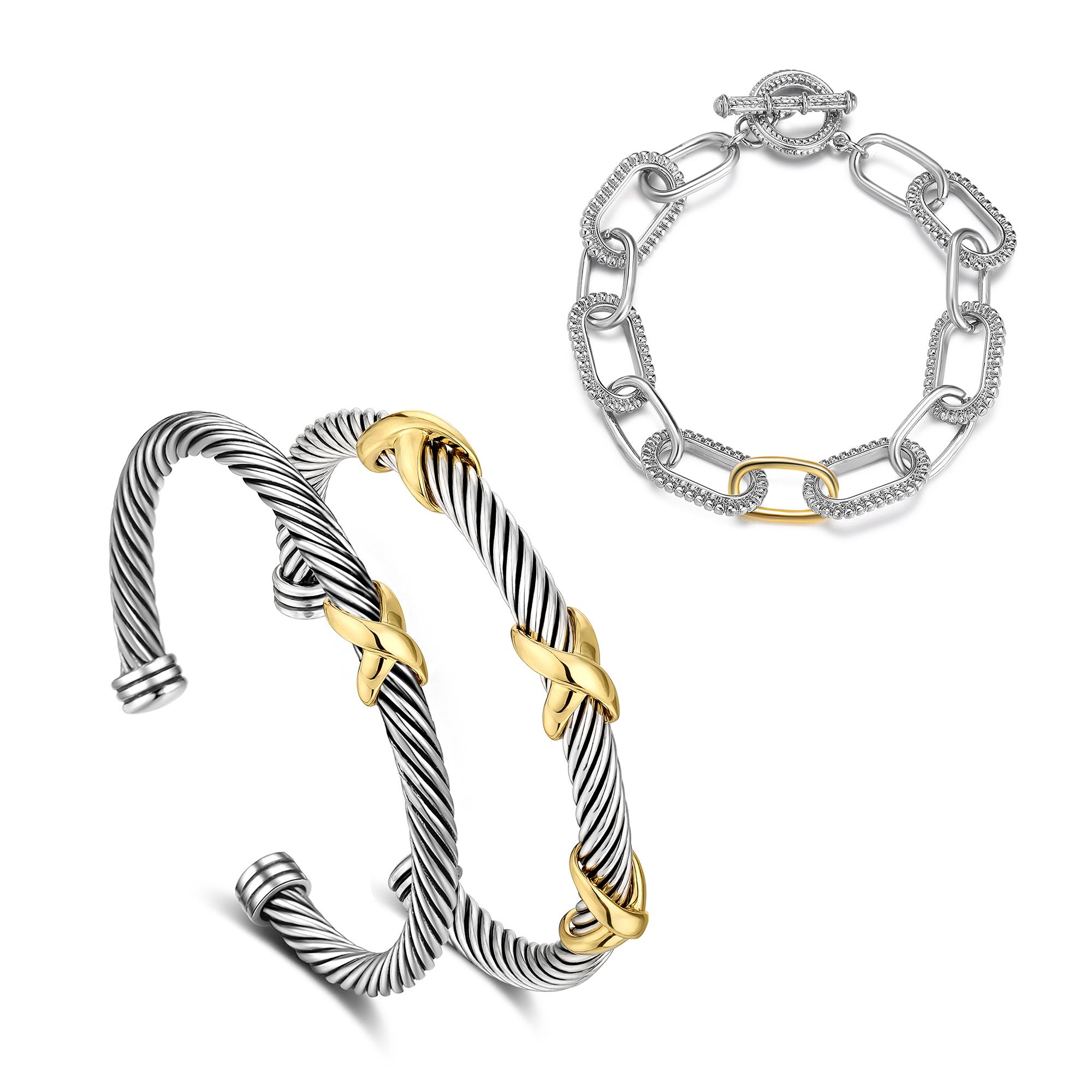 Mytys Two Tone Twisted Cable Bracelet for Women Fashion Wire Cuff Dupes Bracelet Open Adjustable Bangle Jewelry Gifts for Her