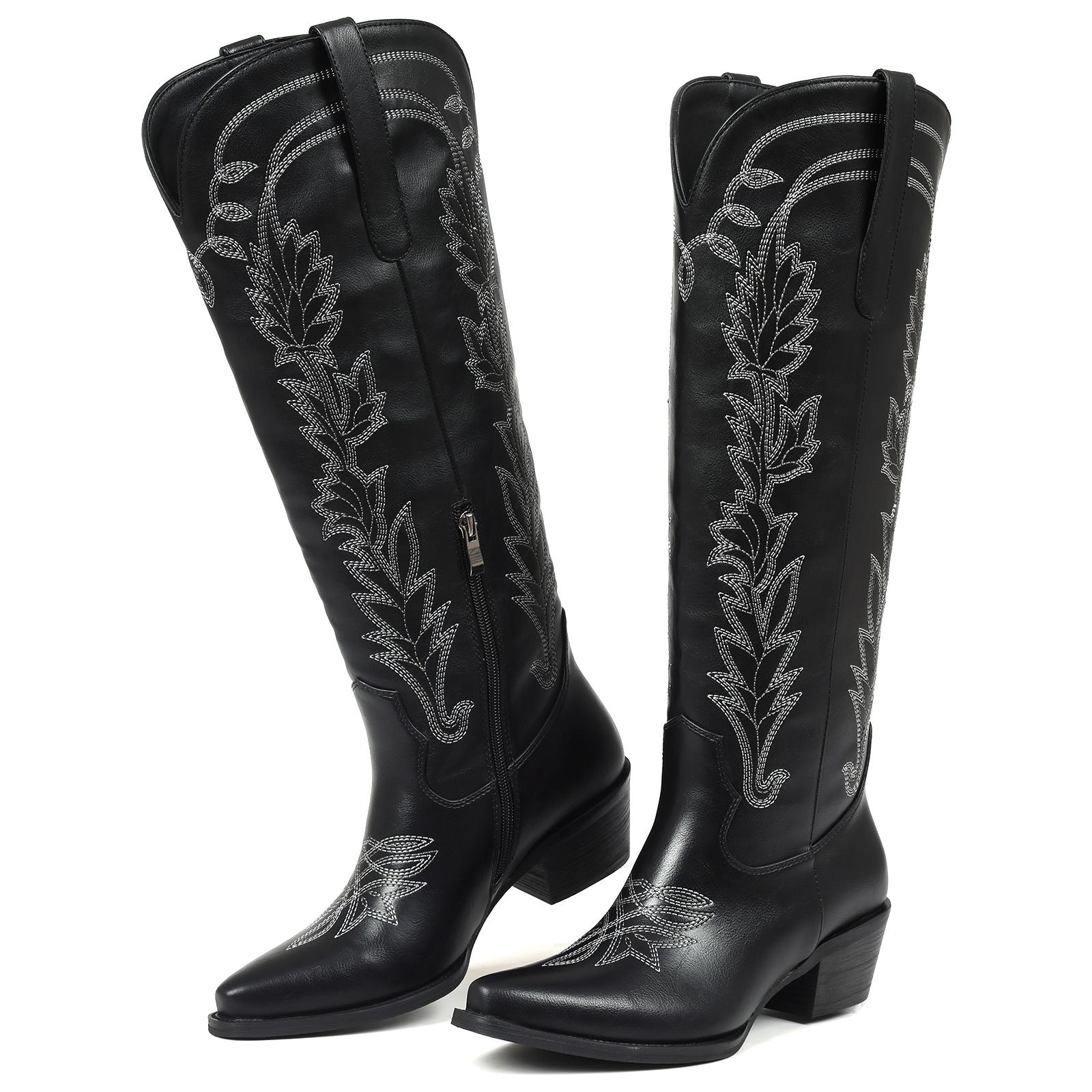 CELNEPHO Women Cowboy Boots Pointed Toe Chunky Block Heel Western Embroidery Knee High Cowgirl Boot Side Zipper Closure Easy Pull on Wedding Gifts Party Outdoor Events Date Dress Shoes