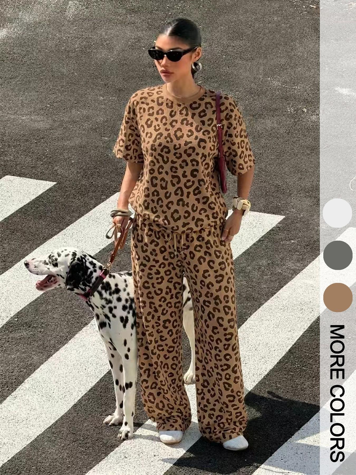 Leopard Print Short Sleeve T-Shirt and Drawstring Adjustable Wide Leg Pants Set, Casual Loose Fit Home, Multicolor, Women's Fashion