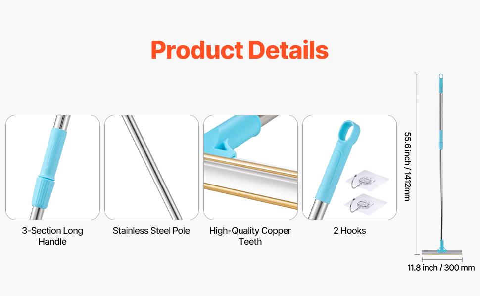 Summervibes VEVOR Pet Hair Carpet Rake, 35.83-55.51 in Adjustable Long Handle Pet Hair Removal Broom, Reusable Advanced Lint Remover Scraper Dog Cat Fur Cleaning, for Carpet Rugs Mats Couch Furniture Cat Tree