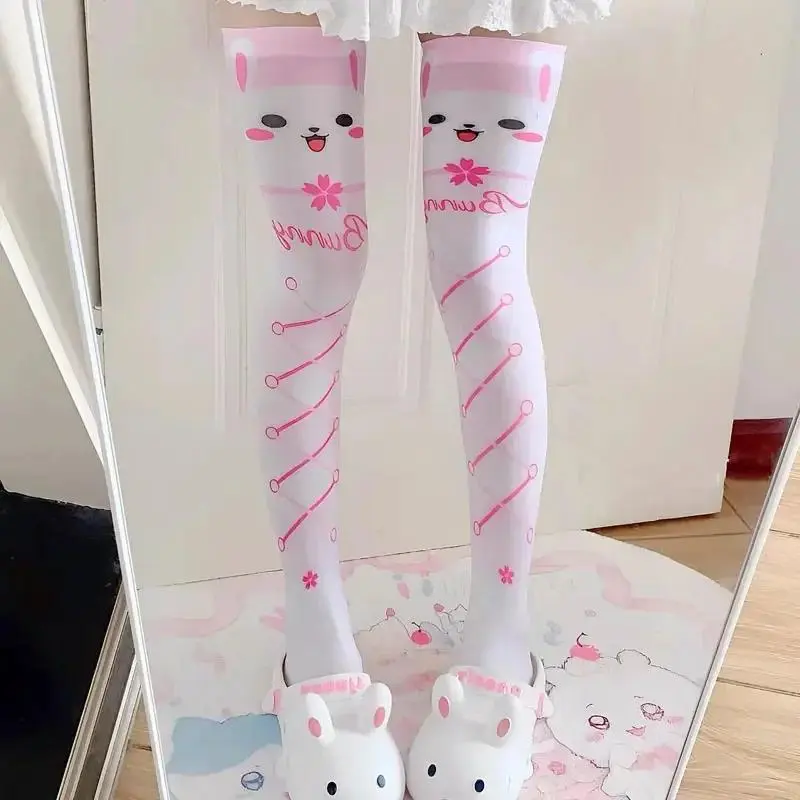 Anime Halloween Lolita Harajuku 3D Printed Sweet Kawaii Cat Stockings Women Cute Stockings White Tight High Over Knee Socks