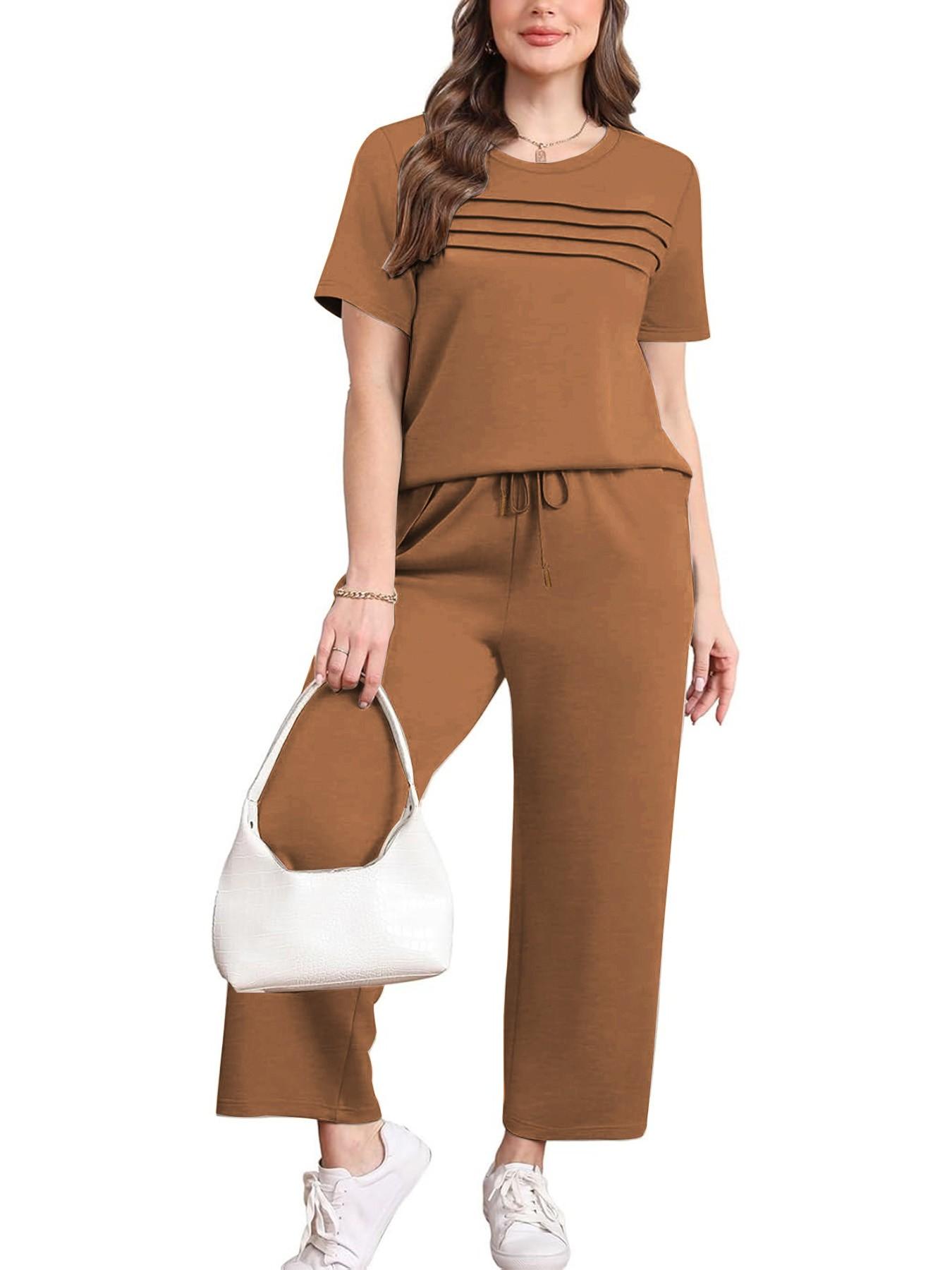 Women's 2-Piece Casual Fit Short Sleeve Pajama Set, Breathable Top + Drawstring Pants with Pockets, Fashionable for Home & Office, Loungewear, Casual Pajamas Set