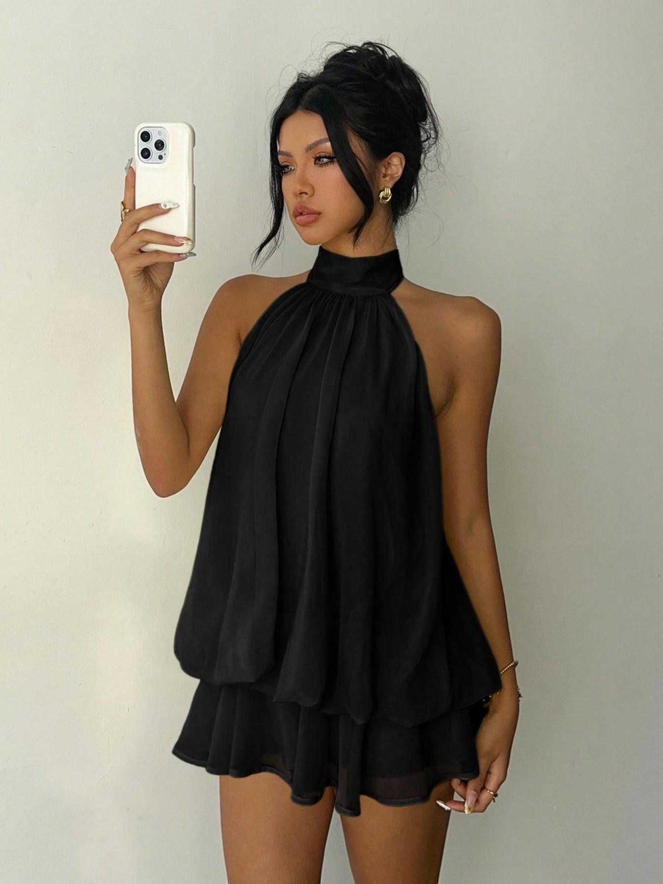 Women's Simple Solid Backless Halter One-Piece Jumpsuit, Elegant Ruffle Design, Perfect for Casual Wear, All Seasons Fashion Women's Simple Solid Backless Halter One-Piece Jumpsuit, Elegant Ruffle Design, Perfect for Casual Wear, All Seasons Fashion
