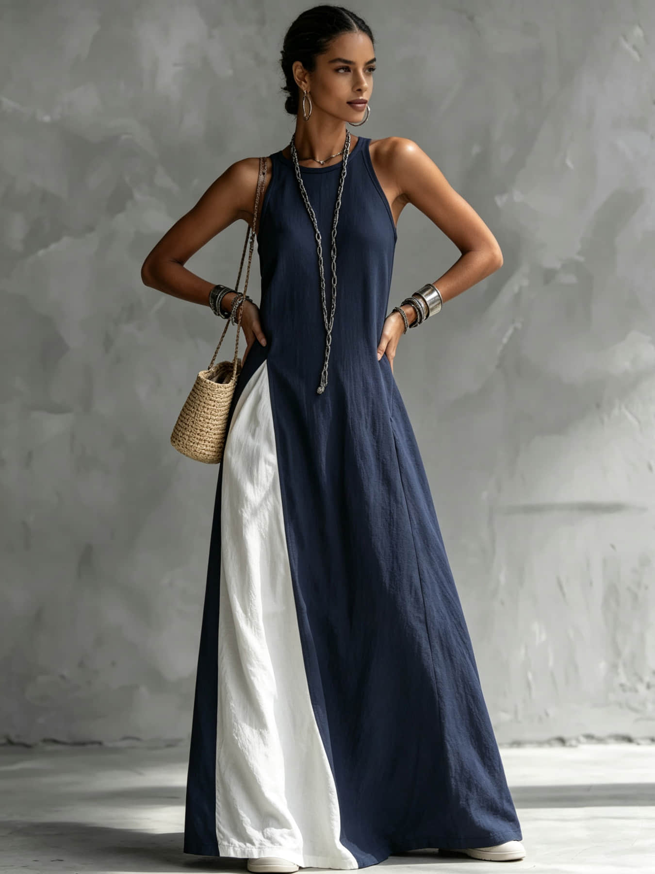 A women's color-blocking dress, Casual Beach Dress, Beach Resort Wear, with sleeveless vest, draping and flesh-concealing long skirt, suitable for summer, beach vacation, exploring shops, attending exhibitions, dating, and enjoying afternoon tea