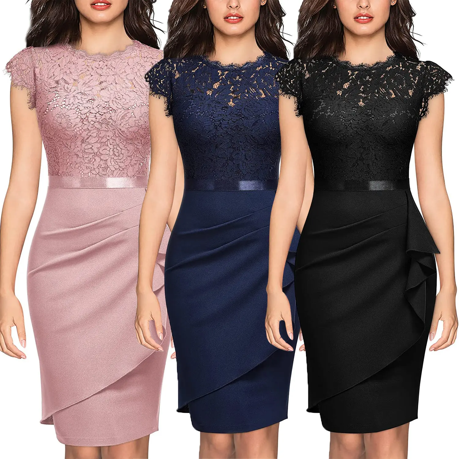 Plus Women Deep V-Neck Sequin Floral Lace Contrast Ruffle Trim Split Hem Evening Party Bodycon Fit Dress, Semi Formal Wedding Guest Dress, For Birthday, Graduation, Dinner, Homecoming, Garment