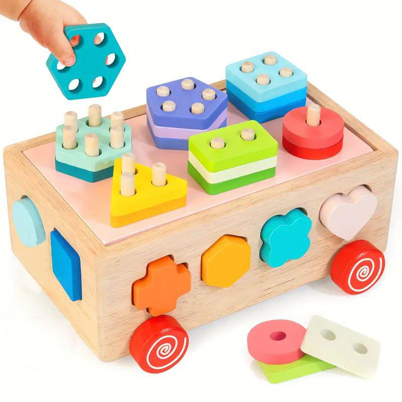 Edutree Wooden Shape Sorting and Stacking Toy 6-in-1 Montessori Peg Puzzle for Toddlers 1-3 Educational Activity Toy with Geometric Shape Cognition and Color Recognition