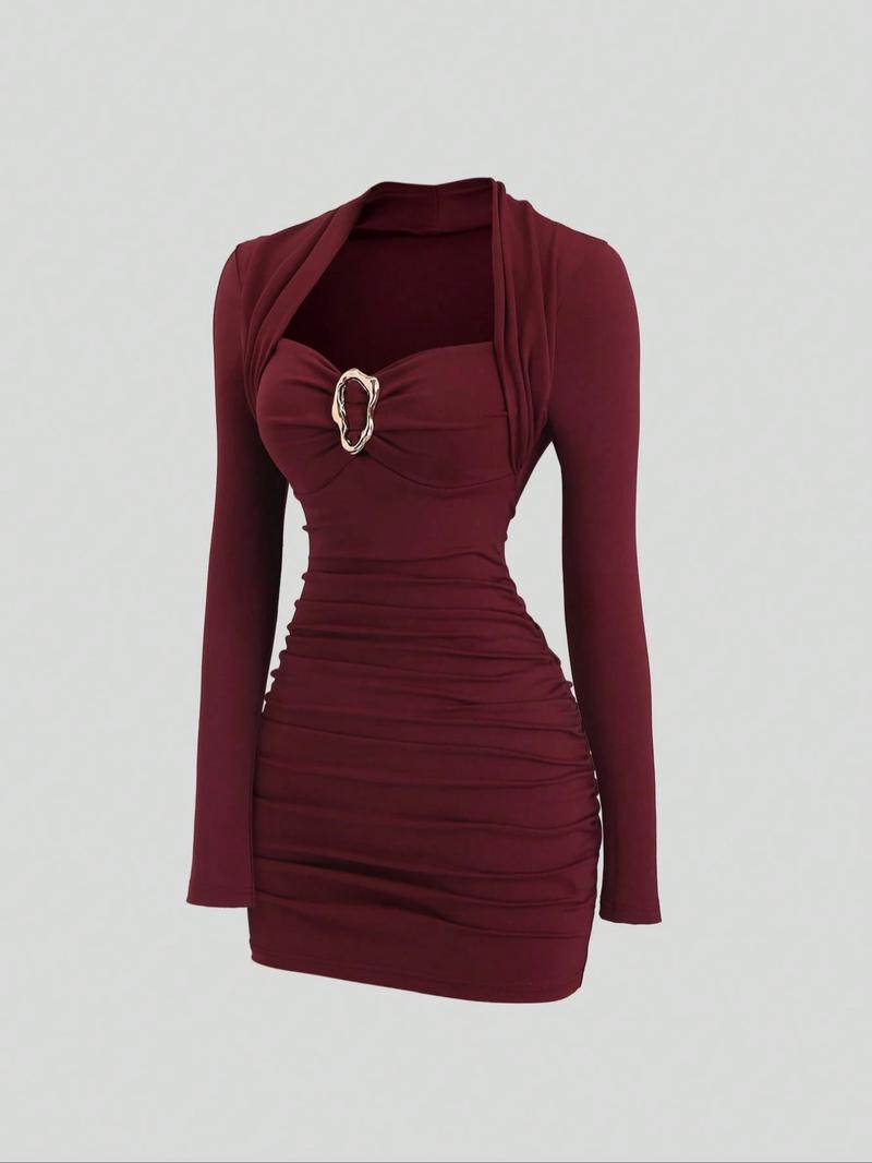Elegant Party Cocktail Dress for Fall & Winter, Wine, Metal Decorations, Slim Fit, Perfect for Christmas and Formal Occasions Elegant Party Cocktail Dress for Fall & Winter, Wine, Metal Decorations, Slim Fit, Perfect for Christmas and Formal Occasions