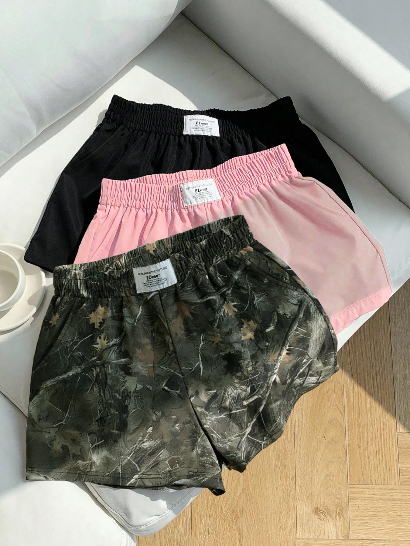 3-Pack Women's Summer Solid + Camo Tree Pattern + Leopard Print Logo Side Pocket Loose Sporty Shorts, Elastic Waist Design, Essential Shorts for Casual Outdoor Wear, Sports Fitness, and Street Style Outfits