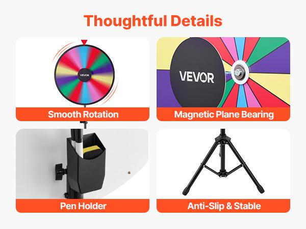 VEVOR 24 in Spinning Prize Wheel, 14 Slots Spinning Wheel with Tripod, Adjustable Height Win Fortune Roulette with a Dry Erase and 2 Markers, 6 Colors, Easy Assembly, for Party Pub Trade Show Carnival VEVOR 24 in Spinning Prize Wheel, 14 Slots Spinning Wheel with Tripod, Adjustable Height Win Fortune Roulette with a Dry Erase and 2 Markers, 6 Colors, Easy Assembly, for Party Pub Trade Show Carnival