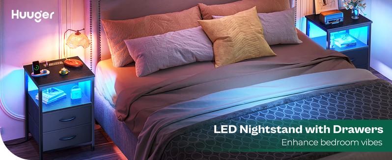 Huuger Night Stand with Charger Station and LED Lights, 2 Drawer Nightstand, Bed Side Table with Open Shelf, End Table, Fabric Dresser for Bedroom