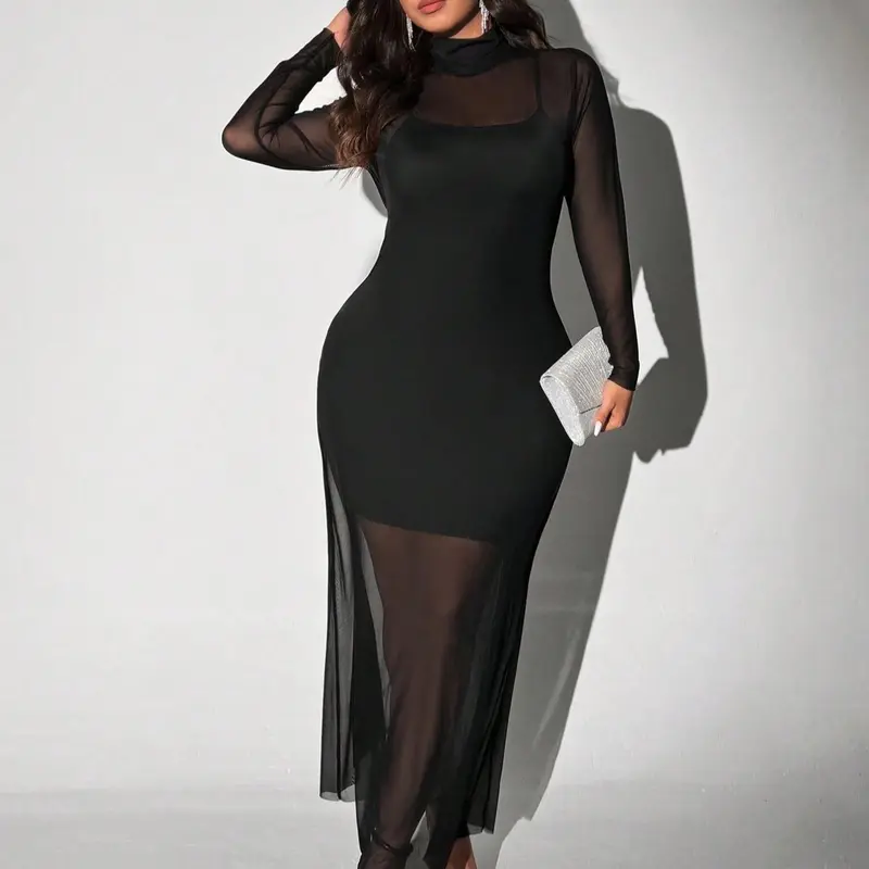 Plus Size 2 Piece Mesh Mermaid Dress Women, Turtleneck Long Sleeve Sheer Mesh Cover Up With Cami Bodycon Mini Dress, Long Mesh Hem Fitted Evening Gown, Perfect for Party, Dinner, Birthday, Club Date, Photoshoot & Formal Events