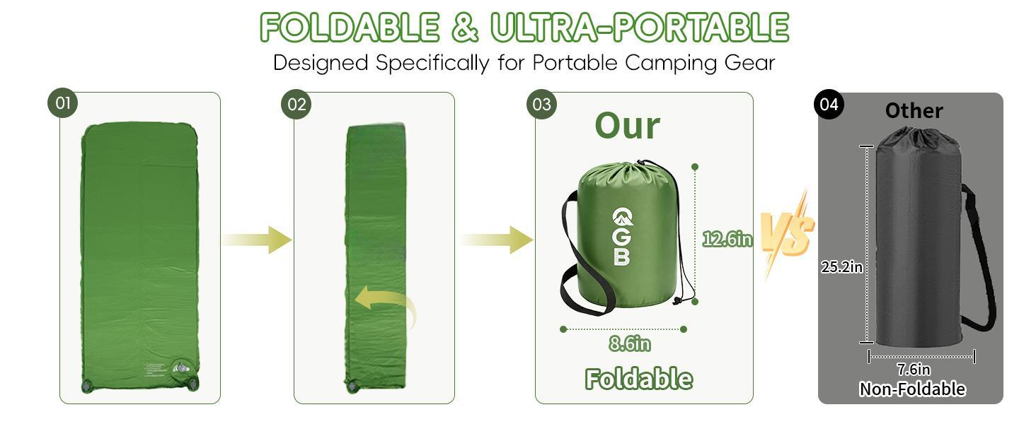 Memory Foam Camping Sleeping Pad with Pillow - 9.5 R-Value Insulated, Quiet, Foldable Portable Self-Inflating Mattress for Backpacking, Car Travel, R-Value 9.5