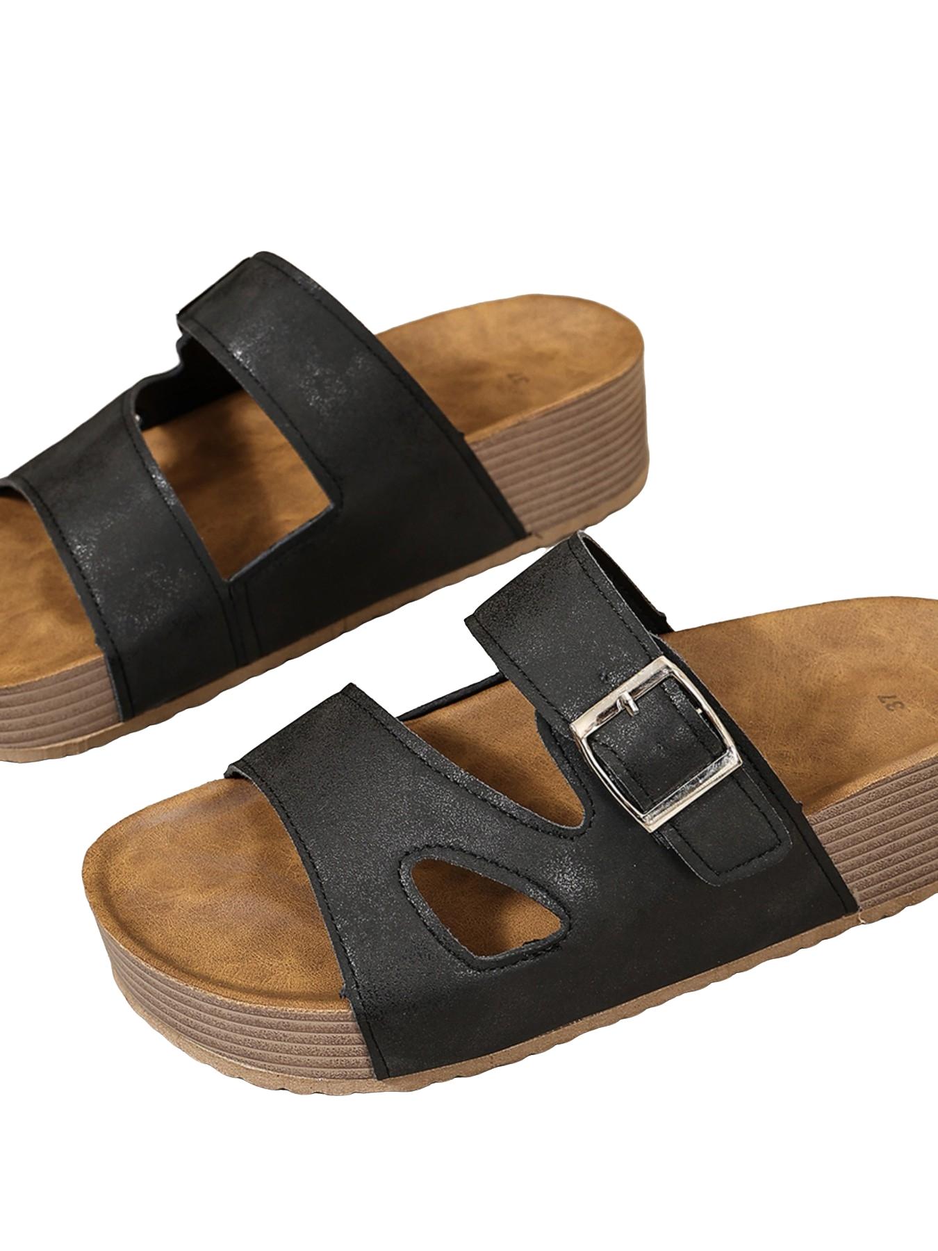 Vintage Double Buckle Sandals for Women, Distressed Matte Wood Grain Thick Heel Casual Outdoor Slippers, Comfortable and Stylish Footwear, Summer