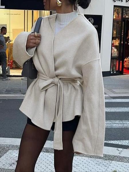 Women's Casual Fashion Long Sleeve Lace-Up Jacket, Plain Woven Fabric, Fitted Design, Fall & Winter Daily Wear Outerwear Coat, Womenswear