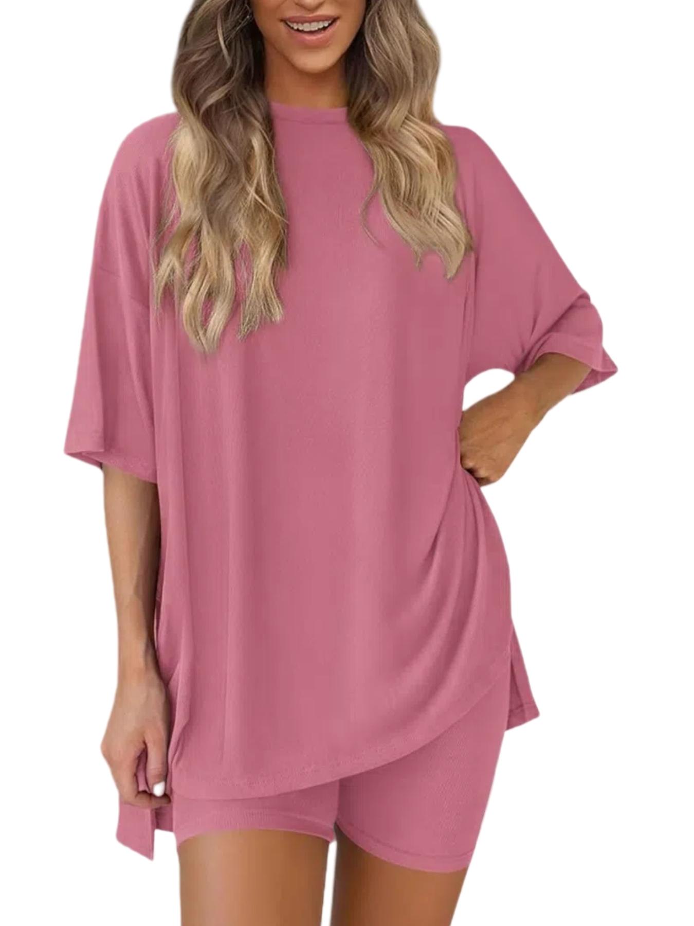 Women's Solid Color T-Shirt and Shorts Matching Set, Basic Minimalist Lightweight Breathable Comfortable Round Neck Summer Loungewear, Home Wear Loungewear, Ladies Loungewear, Women's Casual Sleepwear, Pajamas, Stylish Nightwear, Outfit