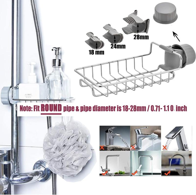 Kitchen Sink Caddy Organizer Over Faucet Sponge Holder, Stainless Steel Heavy Duty Thickening Hanging Faucet Drain Rack for Scrubbers, Soap, Bathroom, Detachable No Suction Cup or Magnet