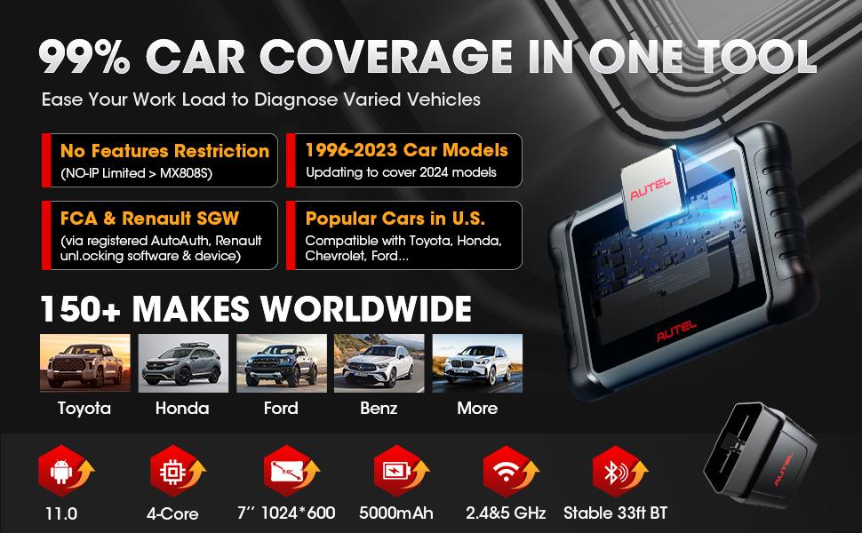 Autel MaxiCOM MK808K-BT, BT Bidirectional Car Diagnostic Tool, Active Tests, 28+ Services, All-System Diagnostics, FCA SGW Cars, OS11