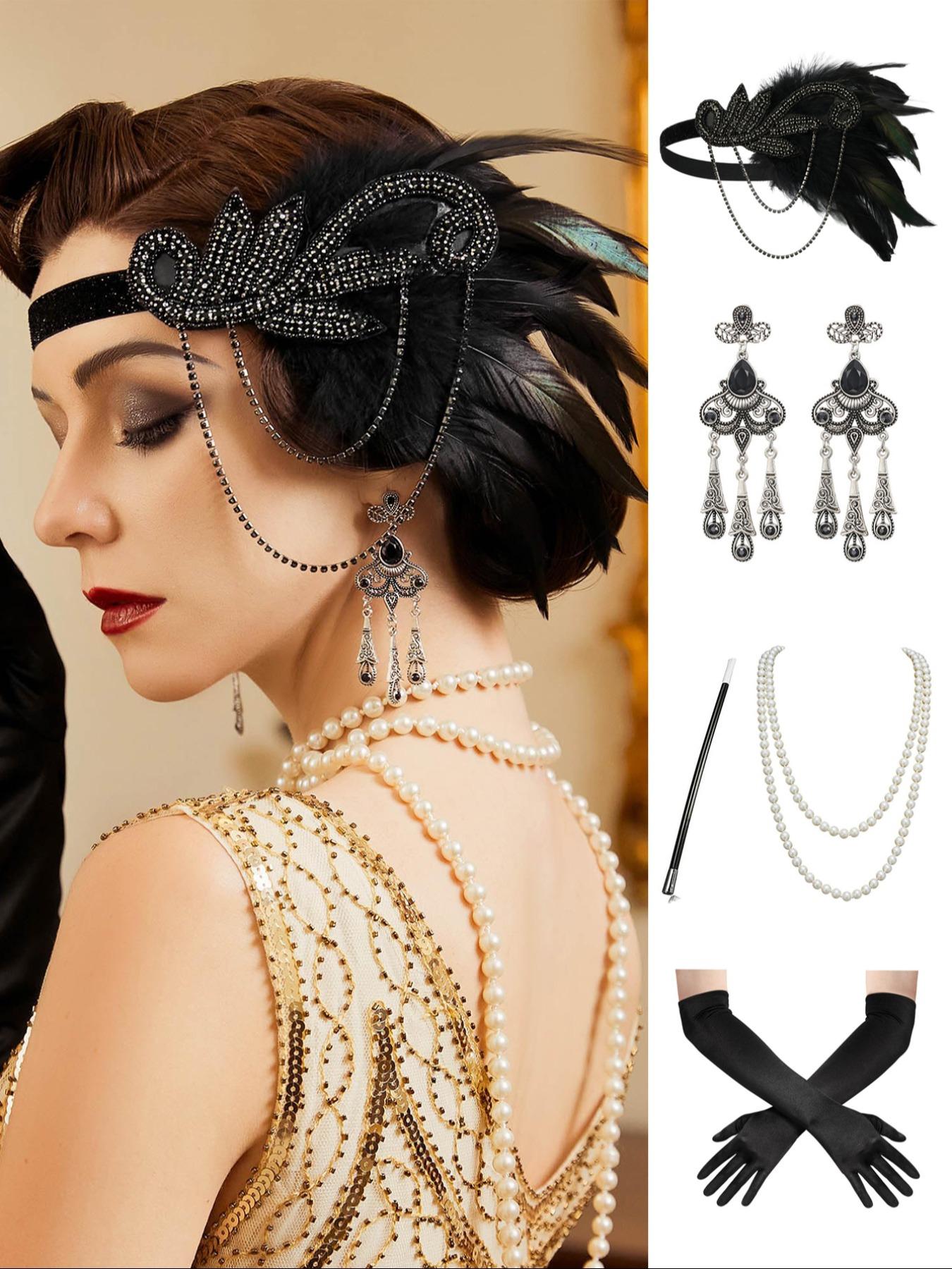 5PC/Set 1920s Flapper Set for Women,Roaring 20s Headband Headpiece Costume Accessories for Halloween Party Cosplay