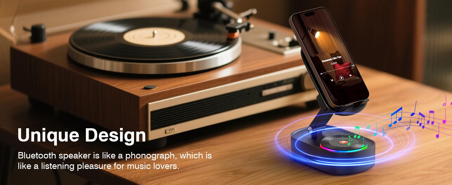 Wireless Induction Speaker, Cell Phone Stand with Bluetooth Audio, Phone Speaker Amplifier Foldable for iPhone, Android, iPad, Birthday Gifts for Men Women Teenage Boy Dad Father