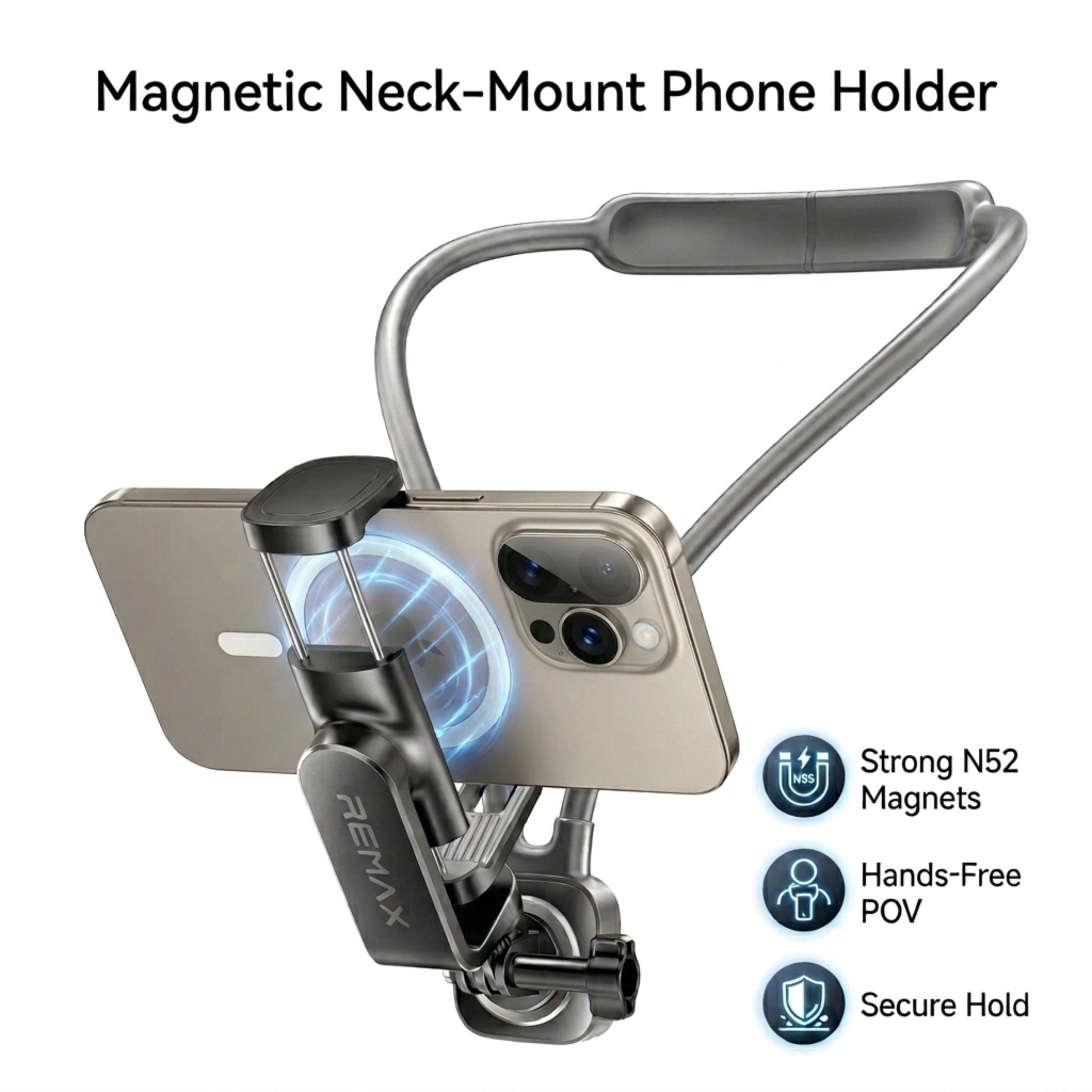 First-Person Neck Phone Mount，One-piece alloy arm, 360° adjustable.Stable damped hinge, detachable clamp with camera adapter. Soft silicone neck pad, comfortable fit.Ideal for POV shooting & multi-scene use.