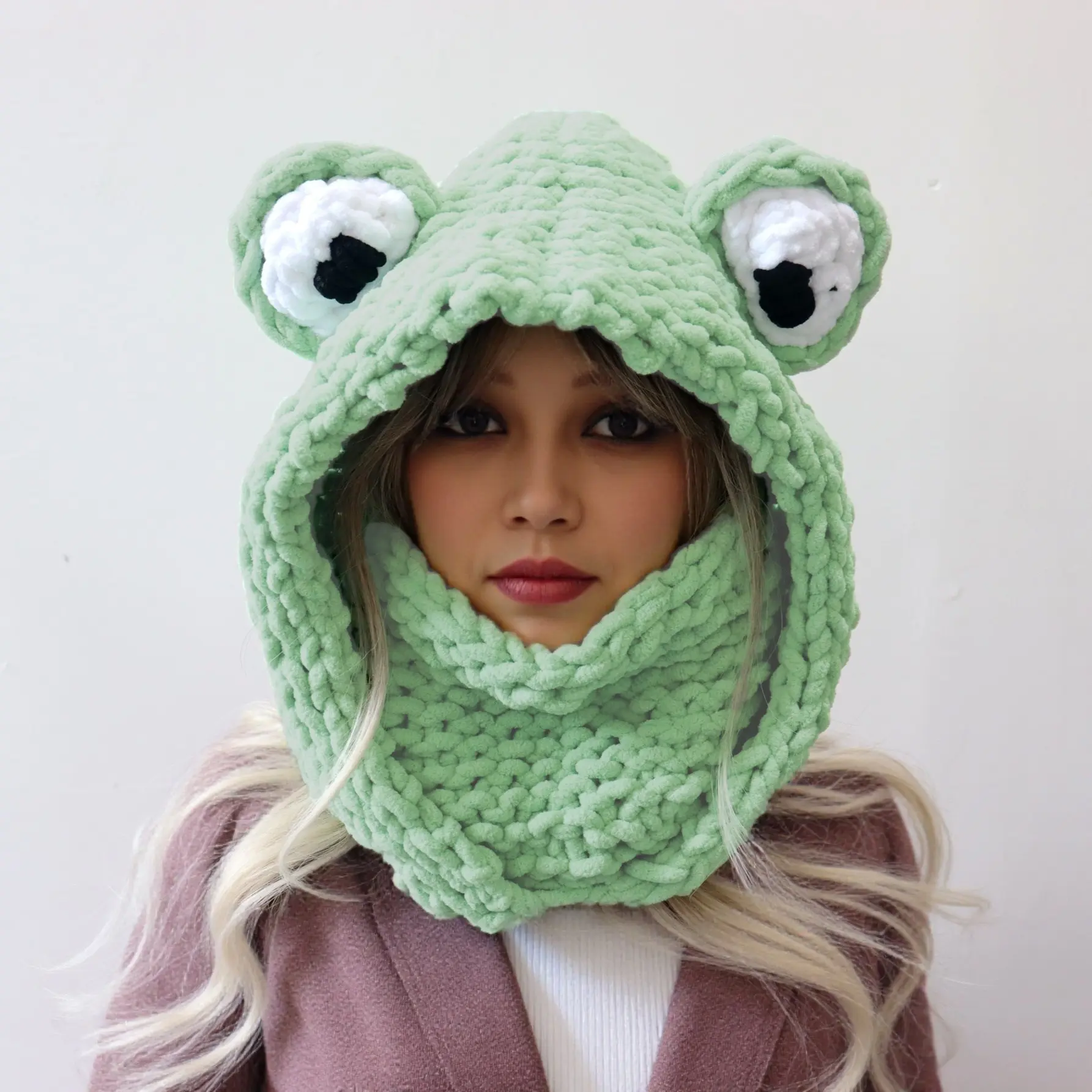 Women's Cute Frog Ear Knitted Hooded Scarf Balaclava - Fleece-Lined Integrated Neck Warmer Face Cover, Warm Windproof Winter Fashion Accessory Hat