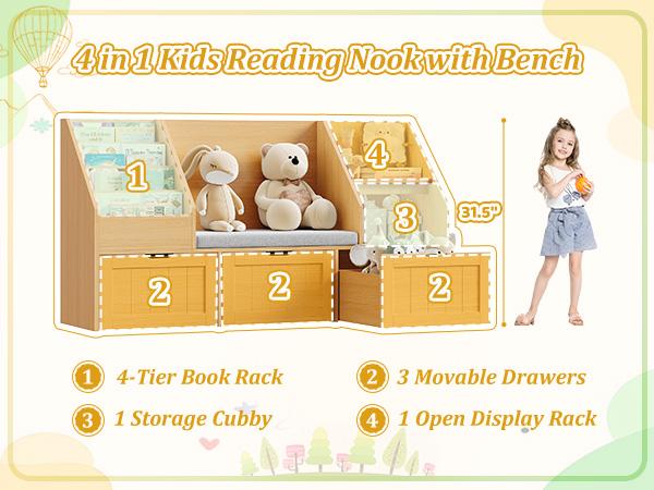 FOTOSOK 55.1'' Kids Bookshelf with Reading Nook, Toy Storage Organizer with Seat Cushion and 3 Movable Drawers, Kids Reading Nook Toy Organizers and Storage with Bench for Playroom