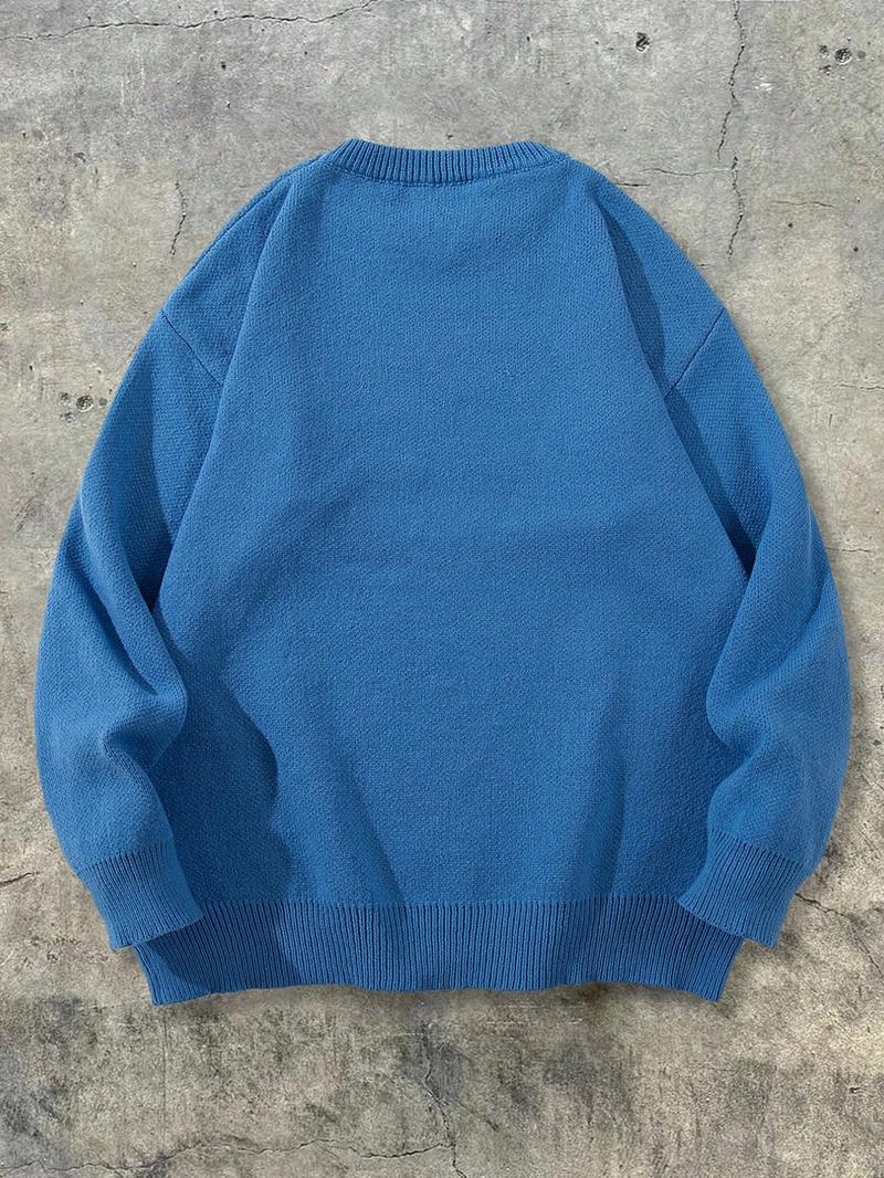 Men's New Casual Loose Fit Knitted Sweater, Spring Autumn Winter Long Sleeve Round Neck Pullover, Vintage Street Style Letter Print