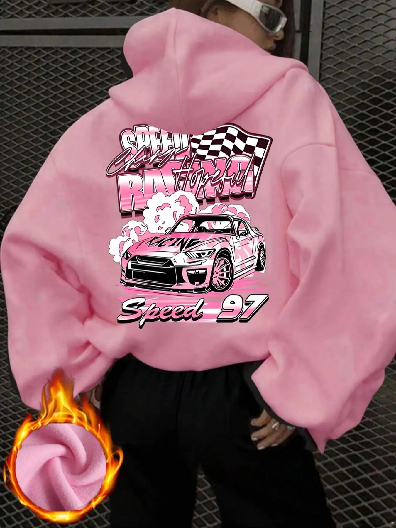 Women's Casual Loose Fit Hoodie, Racing Pattern Print, Long Sleeve Top, Perfect for Back-To-School Fall Winter Wear, Graphic Hoodies