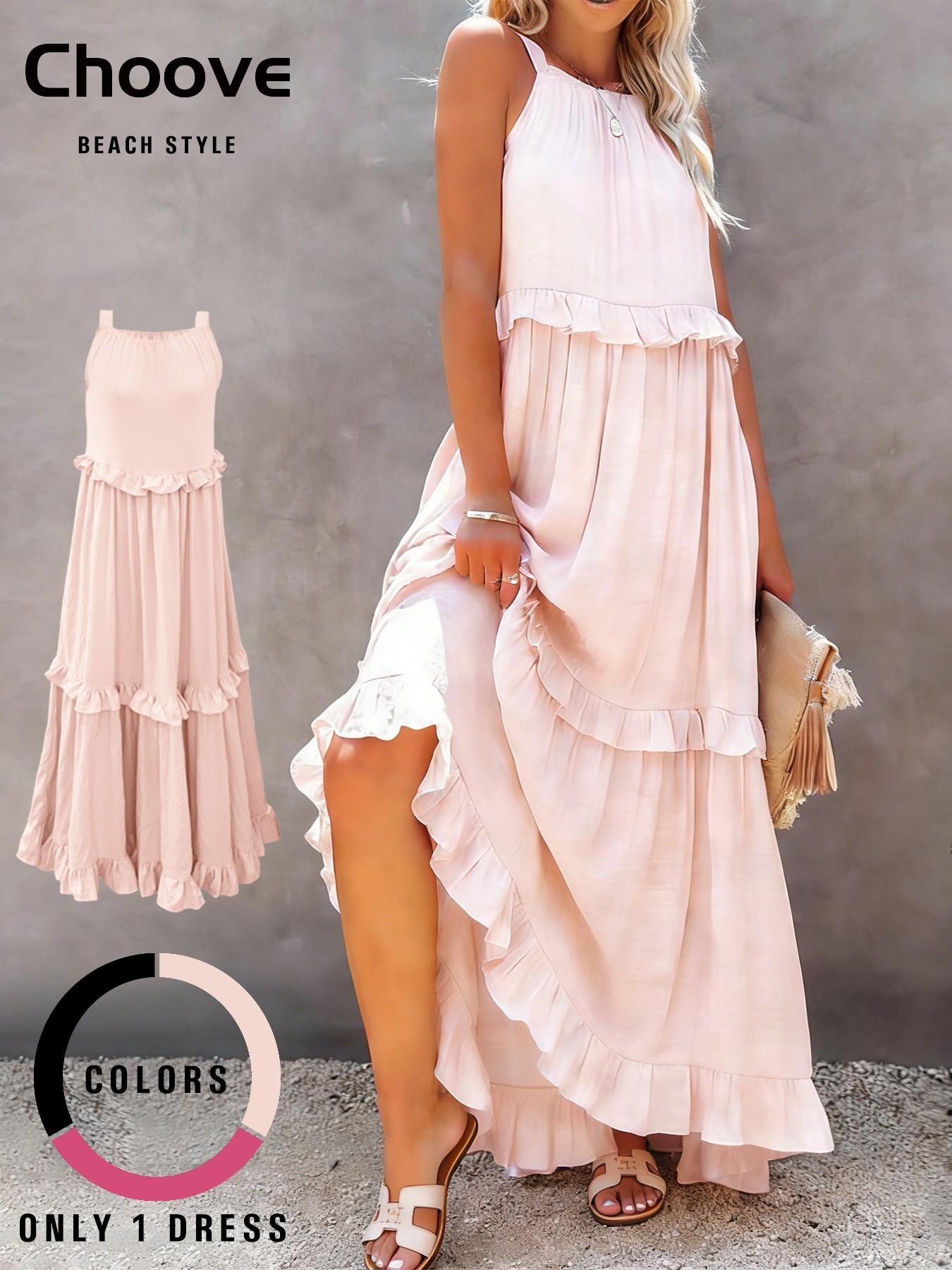 Women's Maxi Dress with Ruffle Hem, Loose Fit Basic Casual Summer Dress,  Plain Pattern, All Seasons Wear, Vacation Style, Womenswear - TikTok Shop