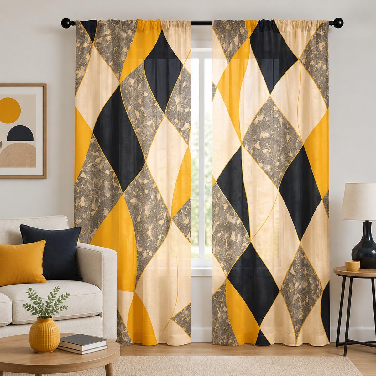 2pcs Modern, minimalist luxury semi-blackout curtains in yellow, black, and beige with a diamond geometric pattern. Pocket rod installation, made of polyester, suitable for bedrooms, kitchens, studies, etc. Semi Shading Curtain