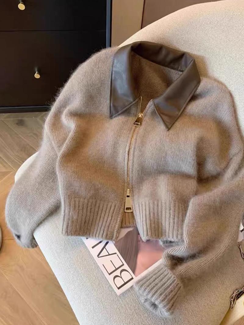 Fashion Casual Leather Collar Zipper Short Knit Cardigan Jacket, Long Sleeve Loose-Fitting Colorblock Design for Fall & Winter