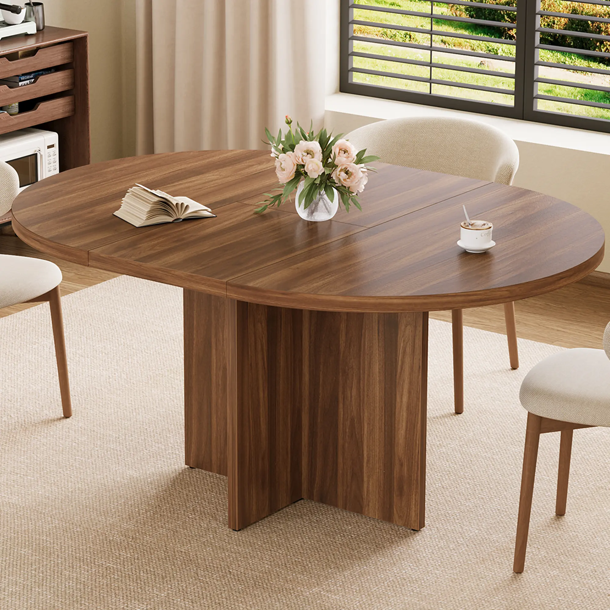 Black Farmhouse Modern Round/Oval Extendable Dining Table - Engineered Wood, 43.3" Collapsed to 58.3" with Removable Leaf, Cross Pedestal X-Base, Seats 4-8 People, Space-Saving Indoor Furniture, No Chairs Included