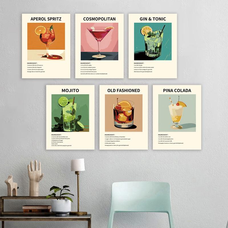 Cocktail bar art kitchen poster, vintage oil painting canvas print of wine and beverages, minimalist wall decoration, atmospheric gift suitable for bars, restaurants, dining areas, and home décor, frameless.