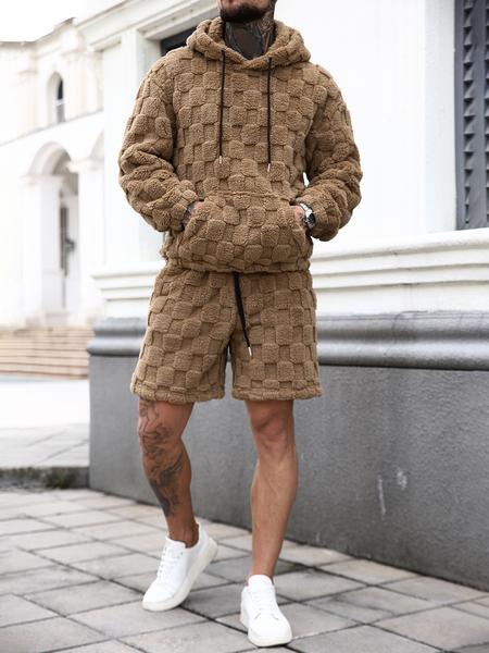 Men's Casual Two-Piece Set, Long Sleeve Hooded Sweatshirt & Shorts, Fashionable Plaid Texture Fabric, All Seasons Wear
