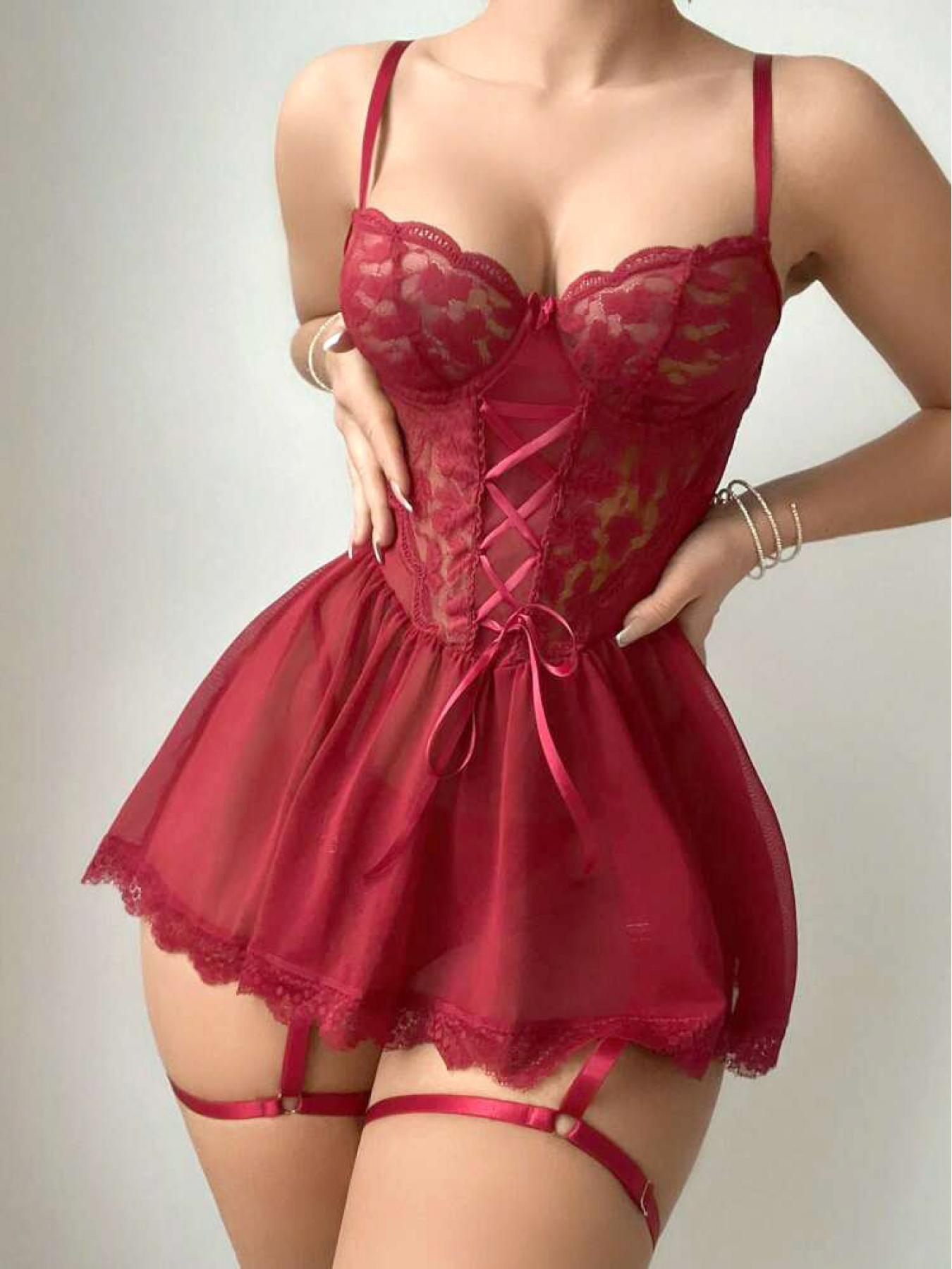 3 Piece Elegant Mesh Camisole Dress Gothic Lingerie Set Floral Pattern Adjustable Breathable Fabric Party Wear with Thigh High Socks & Shoulder Straps Sexy Women's Outfit