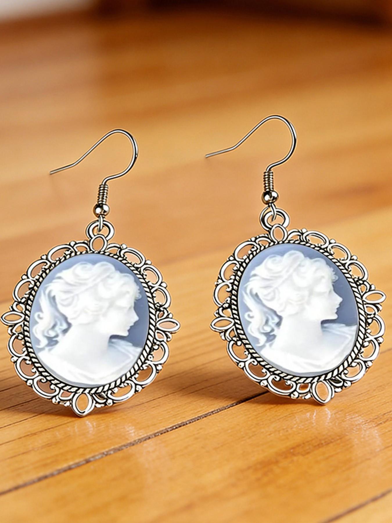 Vintage Oval Female Cameo Dangle Earrings European Classic Silver Plated Earrings For Women Jewelry Accessories Gifts