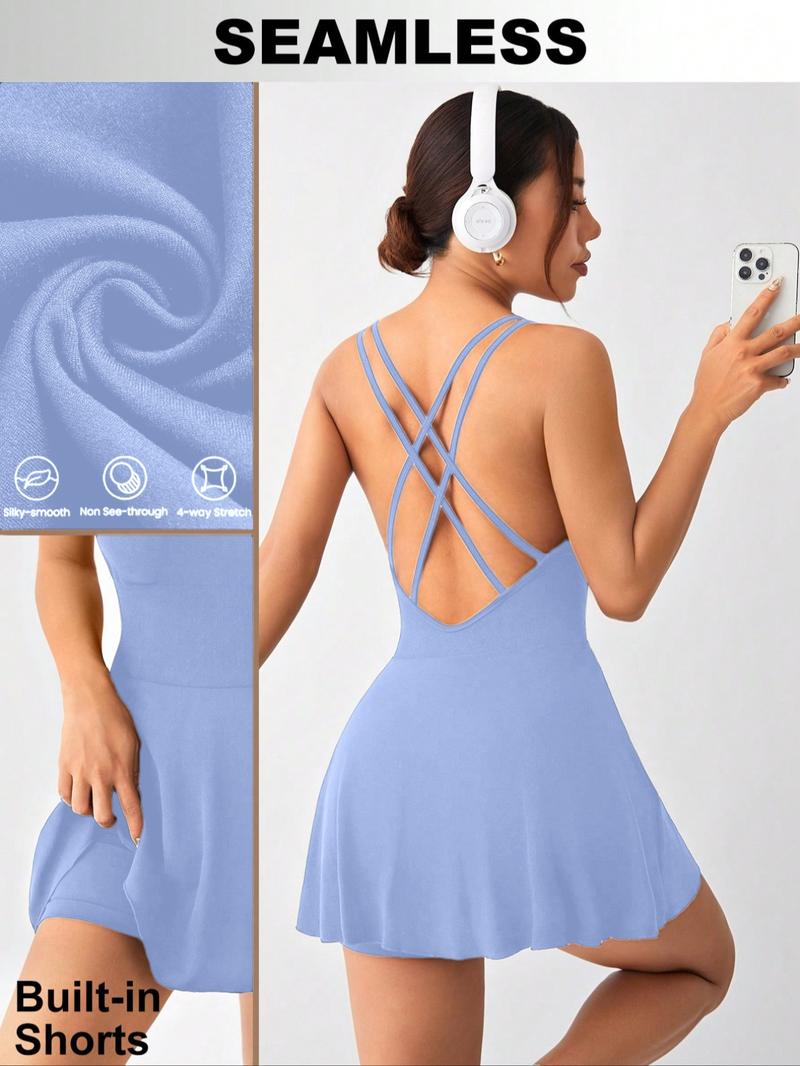 Christmas Women's Cross Back Sporty Dress with Removable Pads, Sleeveless Yoga Skirt Pants, Tight-Fitting All Season Wear, Backless Sports Dress